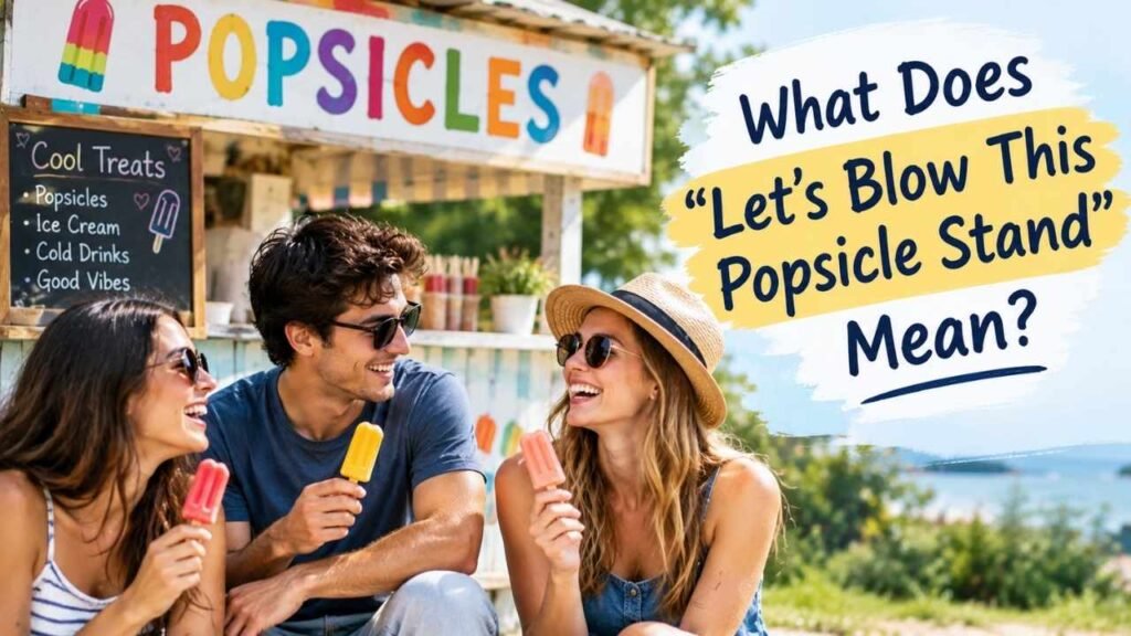Three friends eating popsicles at a sunny summer stand with text explaining the meaning of the phrase.