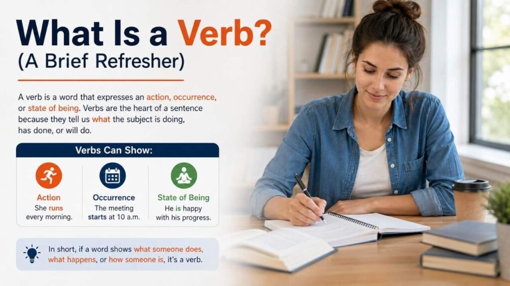 “Educational infographic explaining what a verb is, with examples of action, occurrence, and state of being alongside a woman studying.”