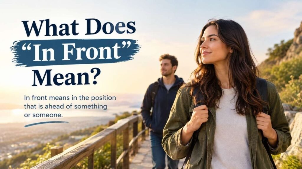  Realistic educational image showing a woman walking ahead of a man while explaining the meaning of “in front.