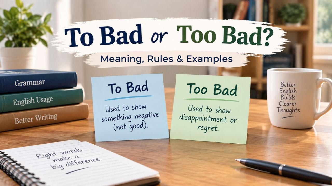 To Bad or Too Bad grammar comparison showing the correct phrase “Too Bad” with meaning, rules, and examples.