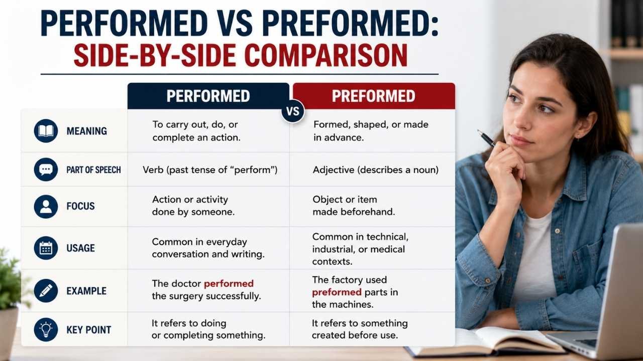 Performed vs preformed explained with side-by-side meanings, usage examples, and key differences