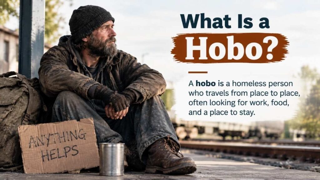 Realistic homeless man beside railroad tracks illustrating the meaning of a hobo