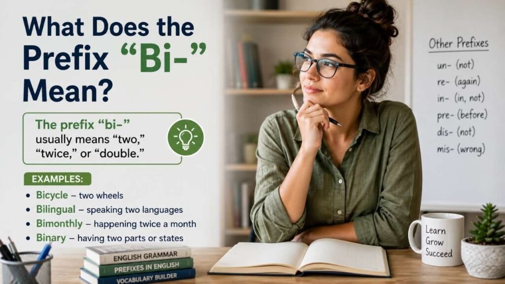 Humanized educational banner featuring a student studying English vocabulary, with “Words That Start With BI: Meanings & Examples” and BI word examples on a whiteboard.