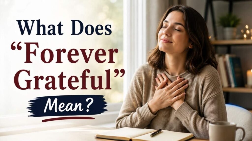Woman reflecting on gratitude while learning the meaning and usage of the phrase “Forever Grateful.”