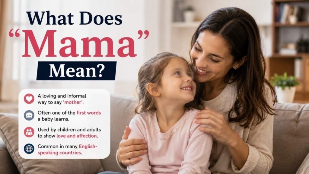 Mother and daughter embracing with an infographic explaining the meaning of “Mama” as a loving and affectionate word for mother.