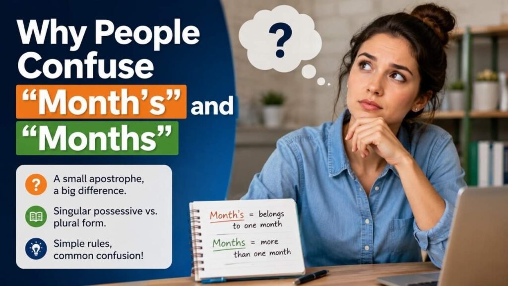 Woman studying “Month’s or Months” grammar rules with examples, including singular possessive, plural, and plural possessive forms.