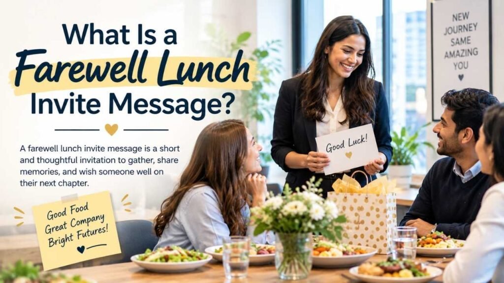 Professional and funny farewell lunch invitation examples shown with coworkers celebrating over lunch.