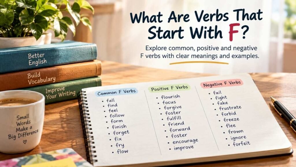 Realistic English learning scene with an open notebook explaining verbs that start with F, surrounded by vocabulary books and study items.